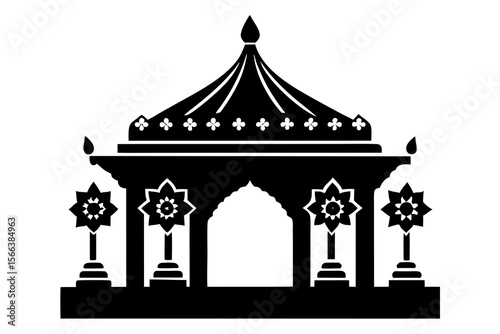 Traditional Hindu Wedding Mandap Silhouette with Arched Entry and Floral Pillars – Vector Art