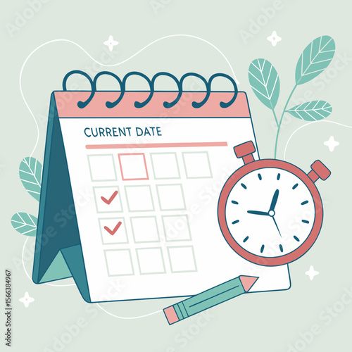 Digital illustration of a desk calendar with a stopwatch and pencil, symbolizing time management, deadlines, and important dates.