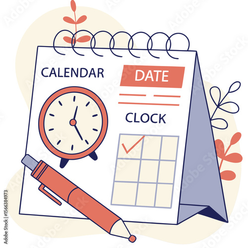 Digital illustration of a desk calendar with a stopwatch and pencil, symbolizing time management, deadlines, and important dates.
