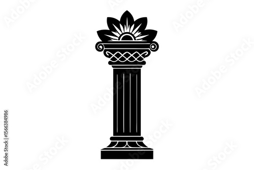 Ancient Pillar Vector with Floral Top – Black Silhouette Icon Design