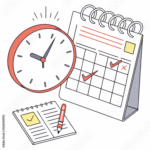 Digital illustration of a desk calendar with a stopwatch and pencil, symbolizing time management, deadlines, and important dates.