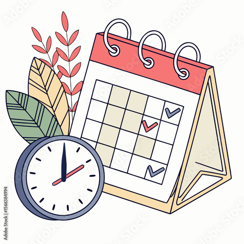 Digital illustration of a desk calendar with a stopwatch and pencil, symbolizing time management, deadlines, and important dates.