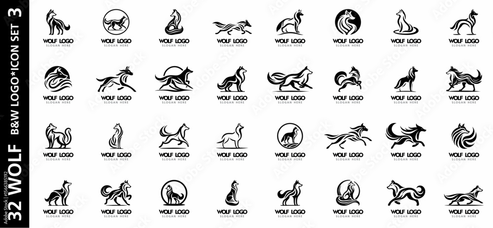 Fototapeta Set of 32 black and white vector wolf logos with stylized standing, sitting, and running poses. Perfect for branding, identity, and creative design.