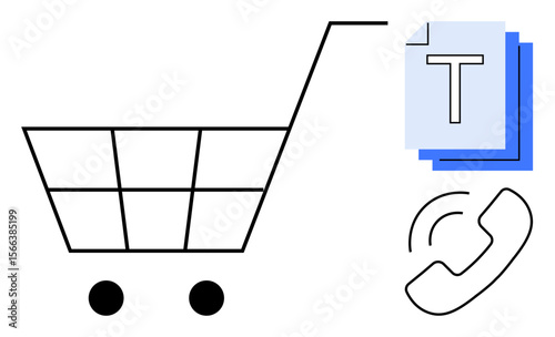 Shopping cart symbol next to layered document and phone icons. Ideal for e-commerce, digital marketing, customer support, content management, online shopping, communication tools, simple landing page