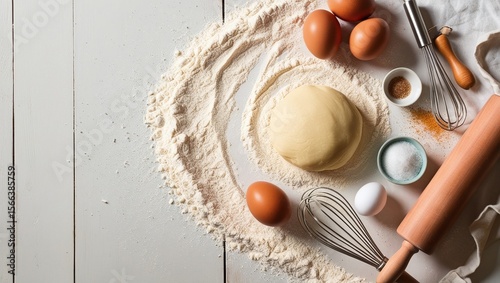 Fresh eggs and flour, essential ingredients for baking delicious cookies, are ready in a wooden bowl