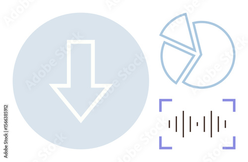 Downward arrow symbolizing data transfer, pie chart showing analytics, audio waveform with brackets symbolizing sound processing. Ideal for technology, app design, data, communication, analysis