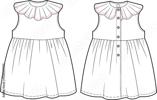 Pleated Peter Pan Collar Baby Dress with Ruffles, Sleeveless Infant Frock, Toddler Girl Apparel, Cute Kids Fashion, Children's Clothing Design, Newborn Outfit, Apparel Vector