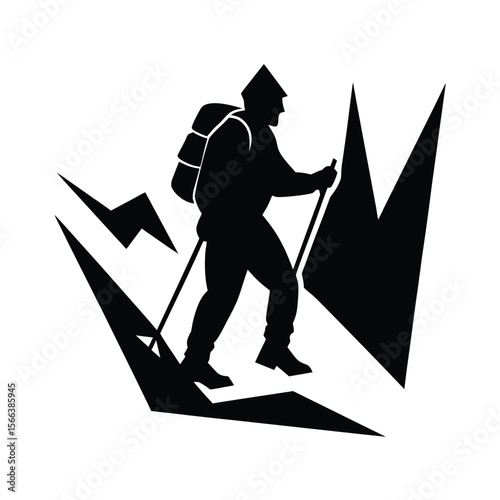 Black silhouette of a hiker with backpack and poles on snowy mountain peaks