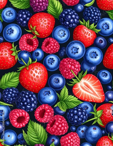 Hand-Drawn Berry Pattern: Seamless Illustration of Blueberries, Raspberries, Strawberries & Blackberries with Leaves. Vibrant Fruits on Dark Background for Food & Nature Designs