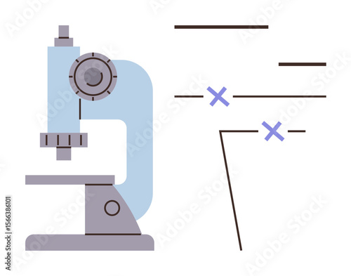 Microscope next to analysis lines and cross symbols emphasizing scientific research, study, lab testing, data interpretation. Ideal for science, education, technology, healthcare, research