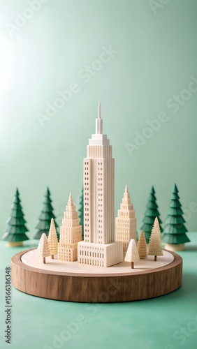 Miniature Paper Cityscape Model with Skyscrapers and Trees on Wooden Base