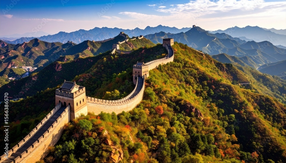 Fototapeta premium The Great Wall of China snakes through a stunning mountain landscape