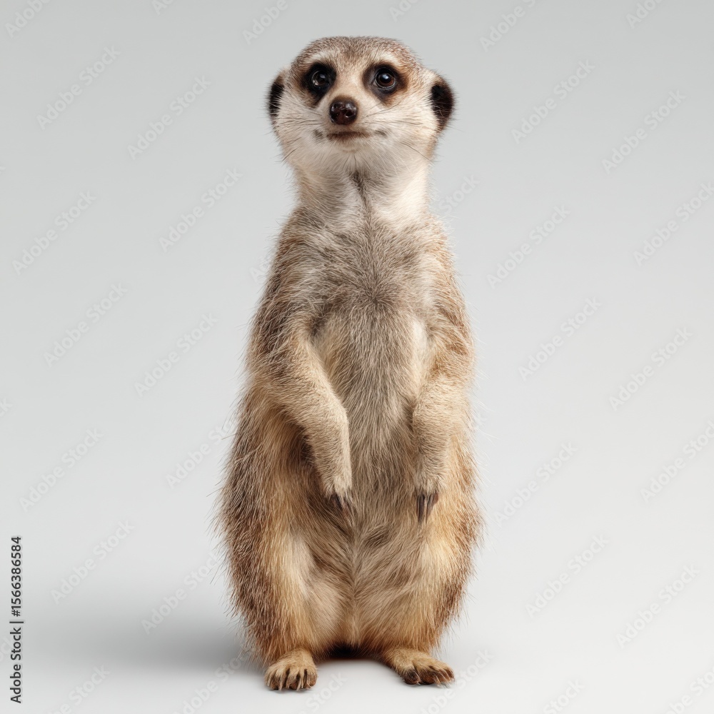 Fototapeta premium Adorable standing meerkat posing on plain white background with alert expression, detailed fur, natural posture, bright lighting, high resolution