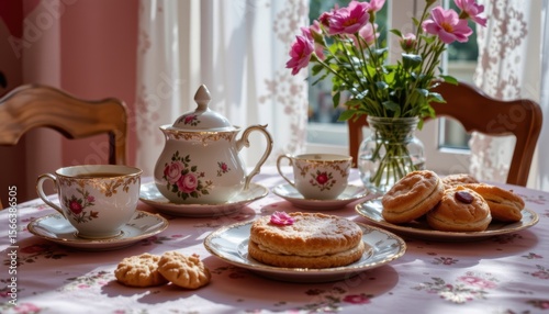 Wallpaper Mural Elegant Tea Setting with Floral Decor, Cookies, and Pastries on a Cozy Breakfast Table Torontodigital.ca