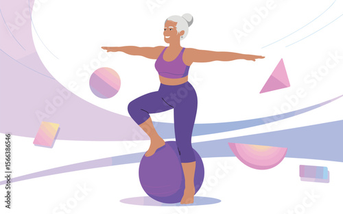 Senior Woman Practicing Balance and Flexibility Exercises on Exercise Ball