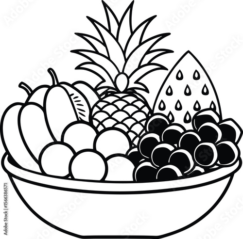 Line Art Fruit Bowl with Pineapple Watermelon Oranges and Grapes