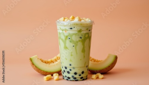 Refreshing Green Melon Bubble Tea with Toppings on a Soft Pink Background