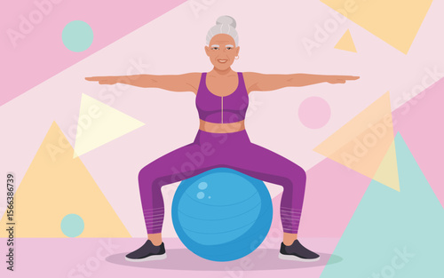Senior Woman Exercising with Fitness Ball Balance and Strength Training