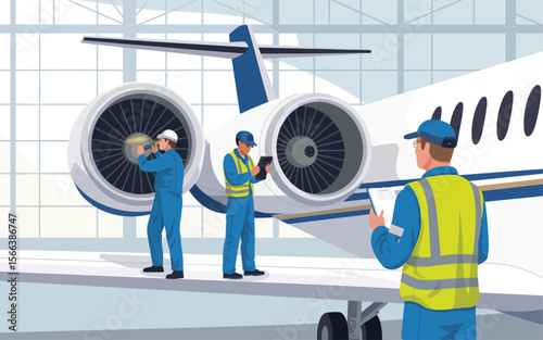 Aircraft Maintenance Technicians Inspecting Private Jet Engines