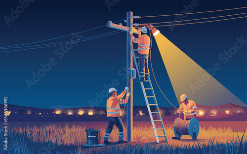 Nighttime Electrical Line Workers Maintaining Power Infrastructure