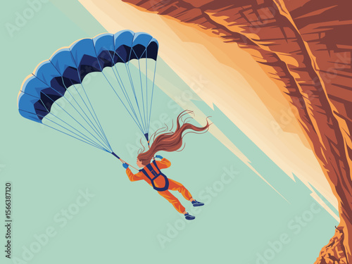 Skydiving Illustration Woman with Parachute Soaring Over Canyon