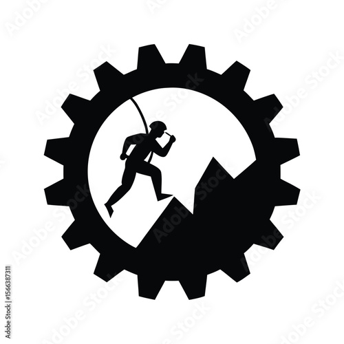 Black silhouette of climber ascending rocky peak inside gear