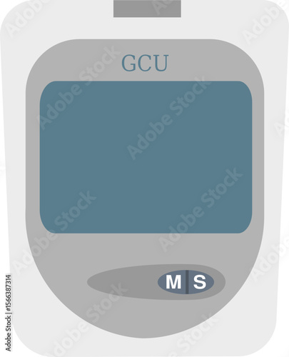 Flat Vector Illustration of Glucometer Device with GCU Display, M and S Buttons – Digital Blood Glucose Meter for Diabetes and Health Monitoring UI Design