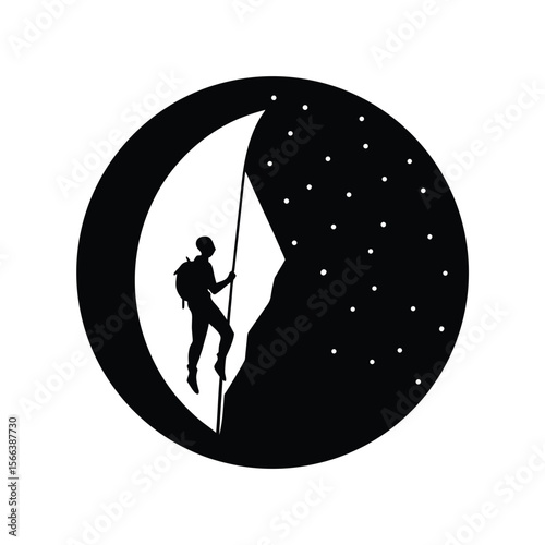 Black silhouette of climber on mountain under starry night sky