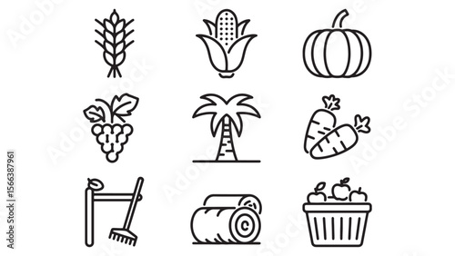 High-Quality Vector Farm Icons Wheat, Corn, Pumpkin, Grapes, and More
