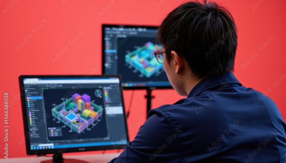 Person Using 3D Design Software for Architectural Visualization in a Modern Workspace Person Using 3D Design Software for Architectural Visualization in a Modern Workspace