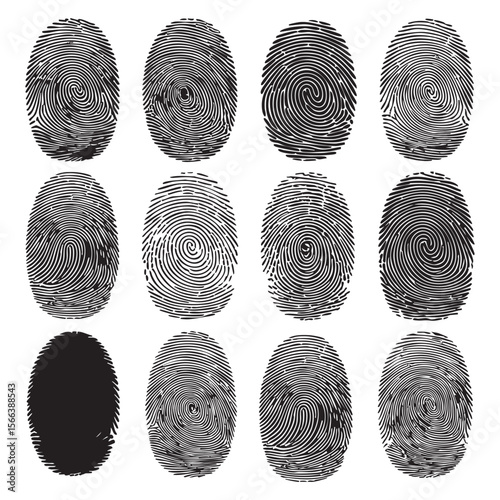 Collection of twelve black fingerprints with various patterns and textures on a white background