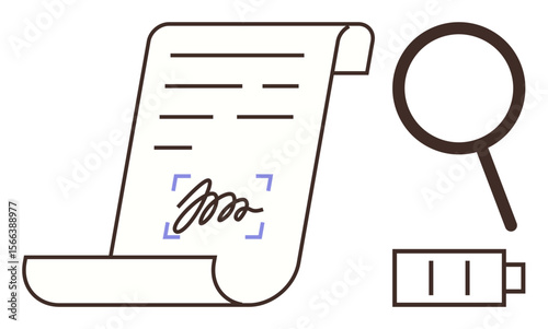 Digital signed document with highlighted signature, magnifying glass for review, and battery indicator. Ideal for verification, approval, technology, efficiency, analysis, remote work simple flat