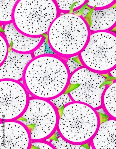 Vibrant Dragon Fruit Slices: Bright Pink and White Pitaya with Black Seeds, Close-Up Seamless Pattern. Exotic Tropical Fruit Background for Summer, Food & Health Themes