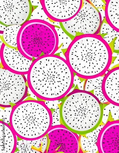 Vibrant Dragon Fruit Slices: Bright Pink and White Pitaya with Black Seeds, Close-Up Seamless Pattern. Exotic Tropical Fruit Background for Summer, Food & Health Themes
