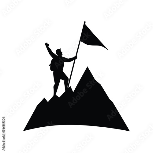 Black silhouette of climber waving flag on mountain peak