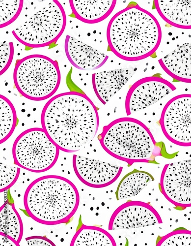 Vibrant Dragon Fruit Slices: Bright Pink and White Pitaya with Black Seeds, Close-Up Seamless Pattern. Exotic Tropical Fruit Background for Summer, Food & Health Themes
