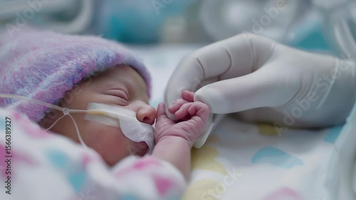 Nurse cares for premature baby in intensive care unit at hospital