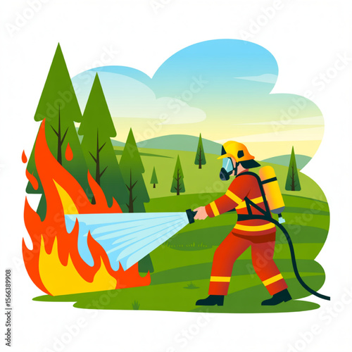Firefighter combats wildfire near forest, spraying water on burning trees in a natural environment, illustrating fire safety and emergency response.