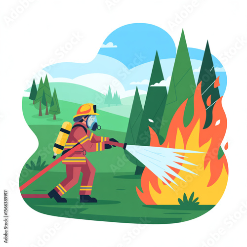 A firefighter in protective gear combats a forest fire using a hose, with trees and a hilly landscape visible in the background, showing fire safety and response.