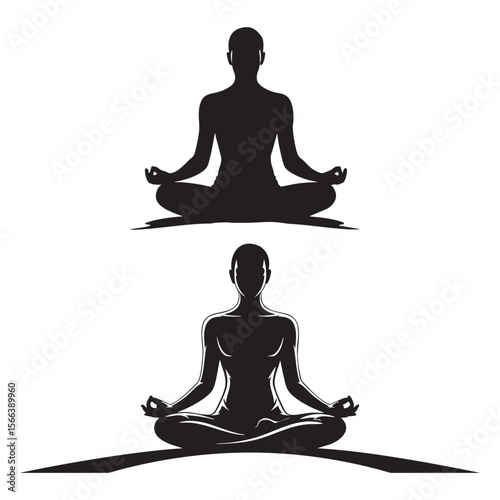 Two black silhouette figures meditating in lotus pose on white background