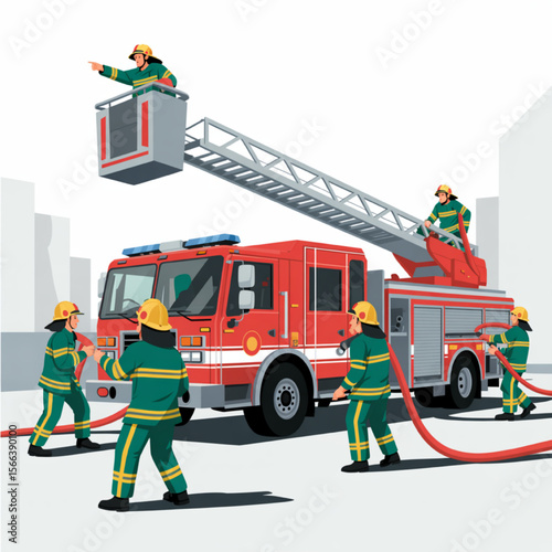 Illustrative scene showing firefighters working around a bright red fire truck, with one firefighter on a ladder and others handling a hose, in an urban setting.
