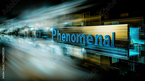The word phenomenal in a futuristic high speed data stream, a concept of success, high performance, and technology.