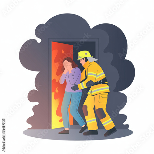 Firefighter rescues a distressed woman from a burning building filled with smoke, showcasing heroism and safety.