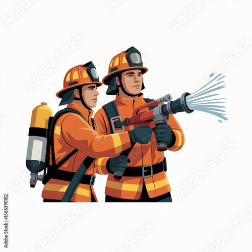 Firefighters bravely spray water with a fire hose, ready to tackle the flames and protect lives during a dangerous emergency.