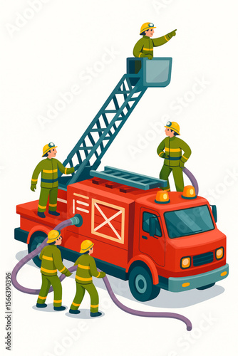 Cartoon firefighters work collaboratively using a fire truck and water hose in a vibrant illustration, showcasing teamwork and emergency response.
