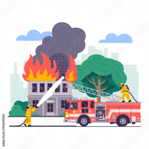 Two brave firefighters extinguish flames engulfing a building, showcasing emergency services in action against urban fire hazards with a fire truck.