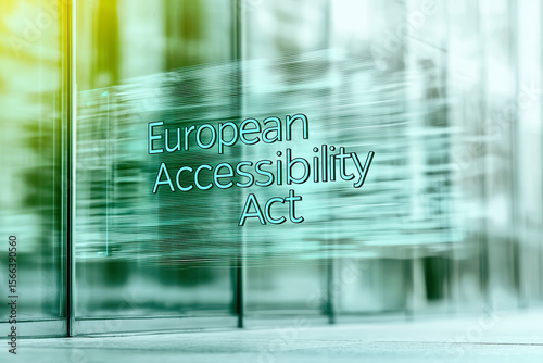 European Accessibility Act text on the glass entrance of a modern building with motion blur, symbolizing access and inclusion.