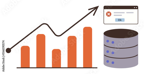 Rising bar chart with growth line, error popup window, and database stack. Ideal for analytics, metrics, system error, data management, business strategy, technology financial growth simple flat