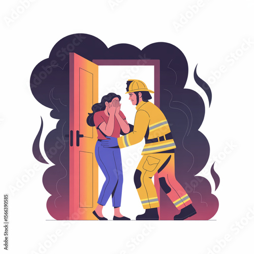 Firefighter rescues a woman from a burning building, providing assistance during an emergency in a smoke-filled environment, demonstrating bravery.