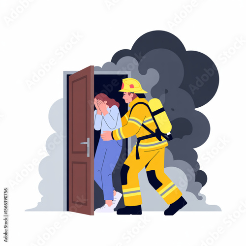 Brave firefighter rescues a distressed woman from a smoky building, showing heroism and emergency response during a fire situation.